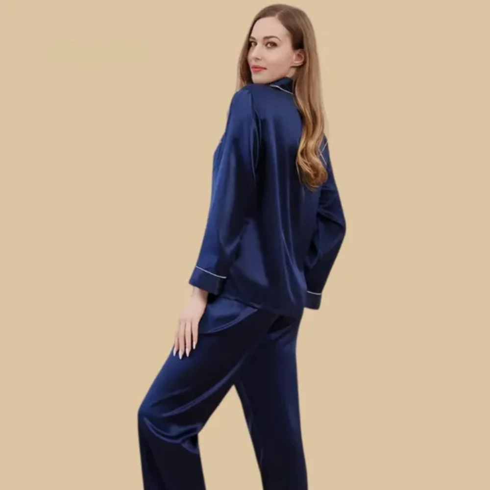 100% Mulberry Silk 22Momme Lapel Collar Long-Sleeve Button Up Women&