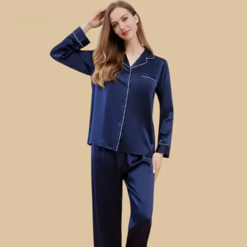 100% Mulberry Silk 22Momme Lapel Collar Long-Sleeve Button Up Women&