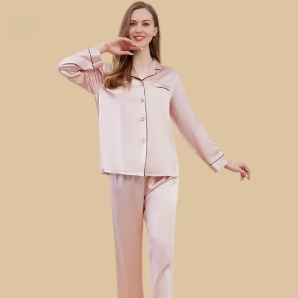100% Mulberry Silk 22Momme Lapel Collar Long-Sleeve Button Up Women&