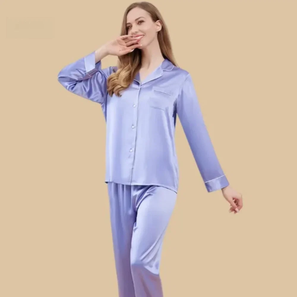 100% Mulberry Silk 22Momme Lapel Collar Long-Sleeve Button Up Women&