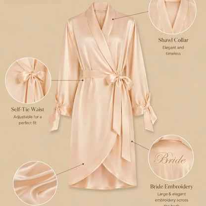 100% Mulberry Silk 22Momme Long Kimono Robe with Belt and Bow Sleeve
