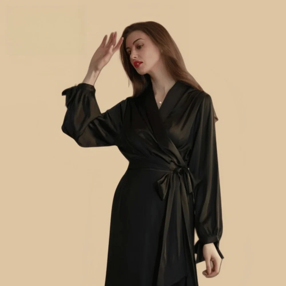 100% Mulberry Silk 22Momme Long Kimono Robe with Belt and Bow Sleeve
