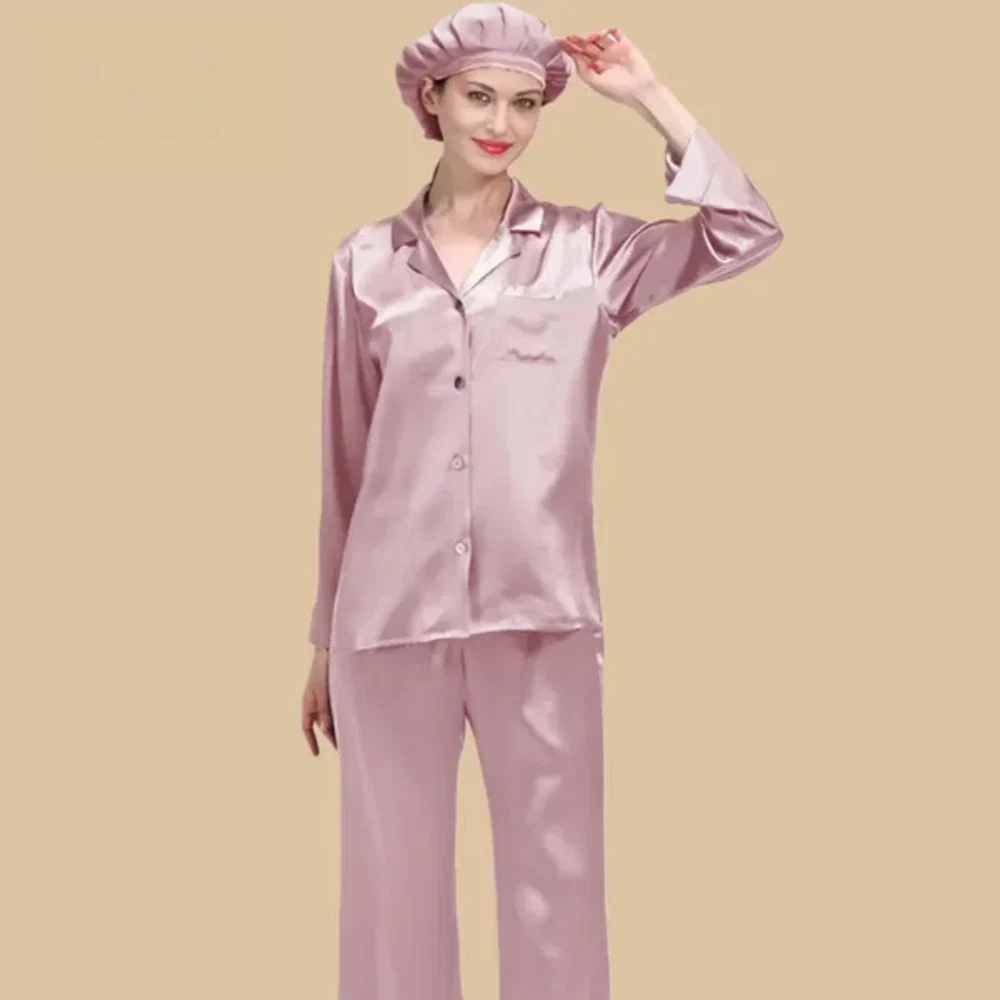 100% Mulberry Silk 22Momme Long Sleeve Button-Up Pajamas Set for Women