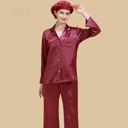 100% Mulberry Silk 22Momme Long Sleeve Button-Up Pajamas Set for Women