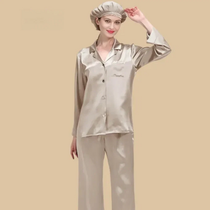 100% Mulberry Silk 22Momme Long Sleeve Button-Up Pajamas Set for Women