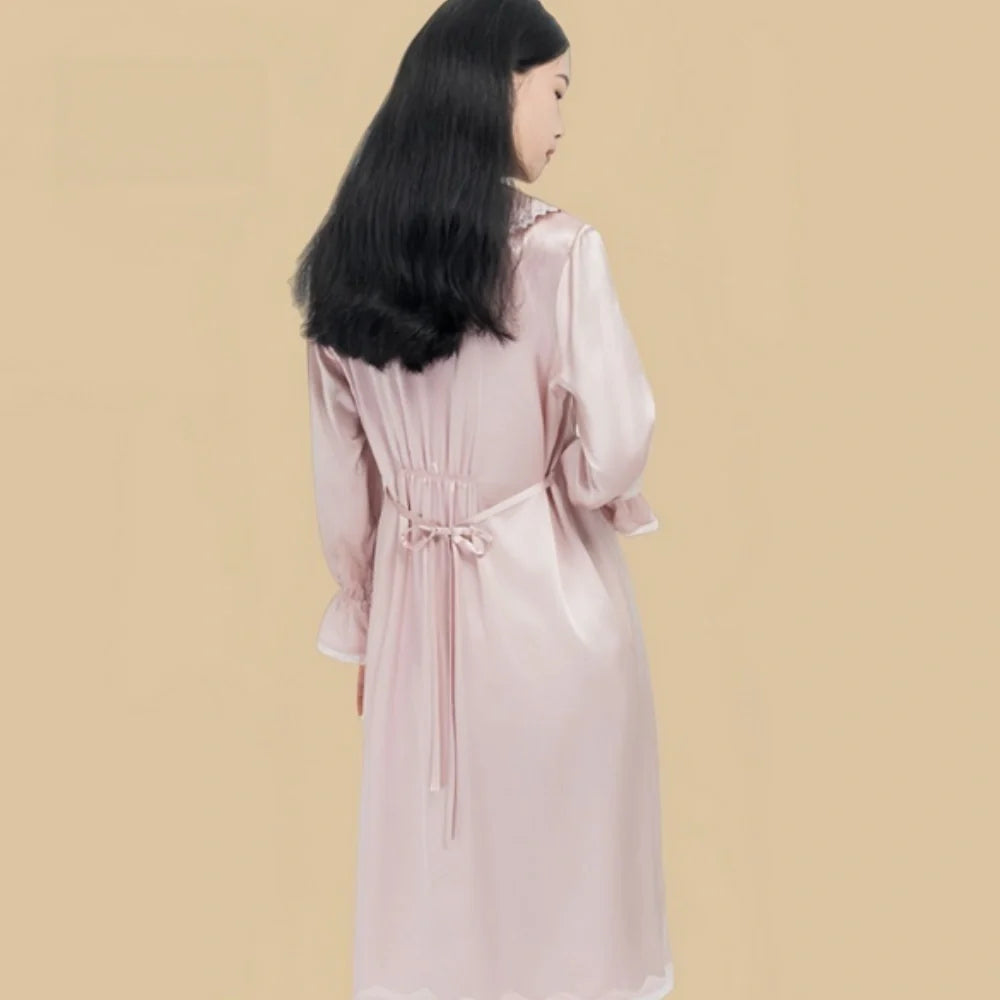 100% Mulberry Silk 22Momme Peter Pan Collar Midi Nightgown with Lace Ruffles