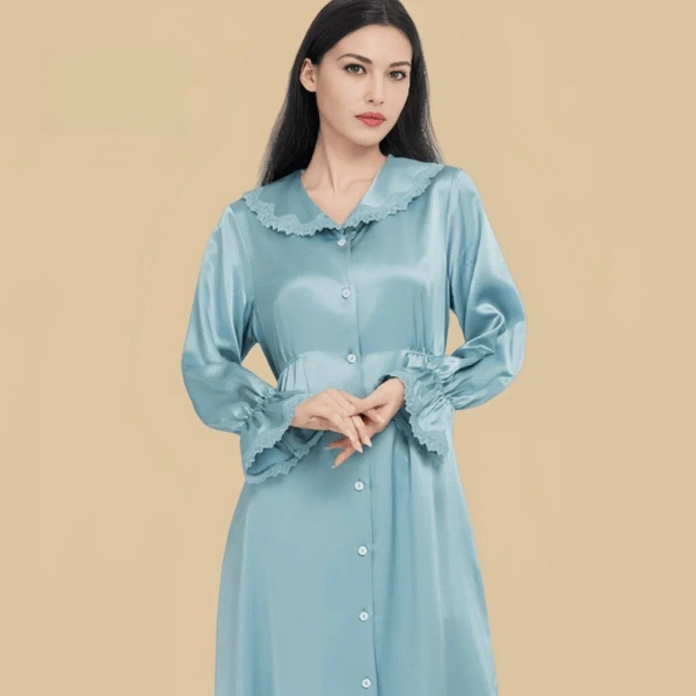 100% Mulberry Silk 22Momme Peter Pan Collar Midi Nightgown with Lace Ruffles
