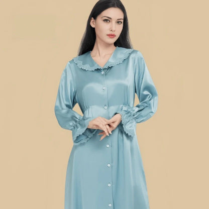 100% Mulberry Silk 22Momme Peter Pan Collar Midi Nightgown with Lace Ruffles