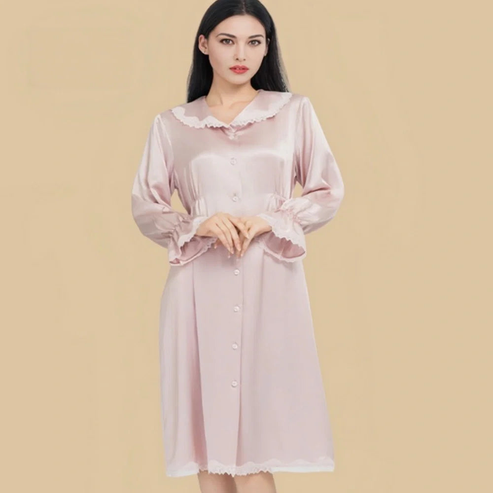 100% Mulberry Silk 22Momme Peter Pan Collar Midi Nightgown with Lace Ruffles