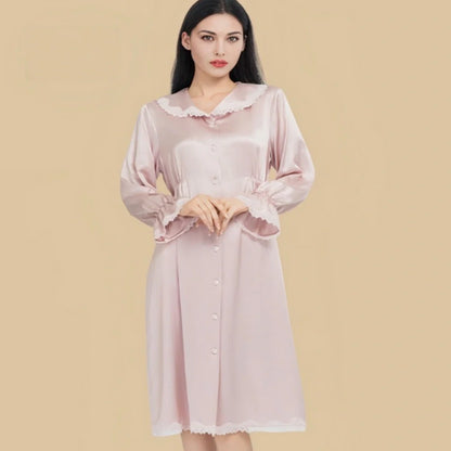 100% Mulberry Silk 22Momme Peter Pan Collar Midi Nightgown with Lace Ruffles
