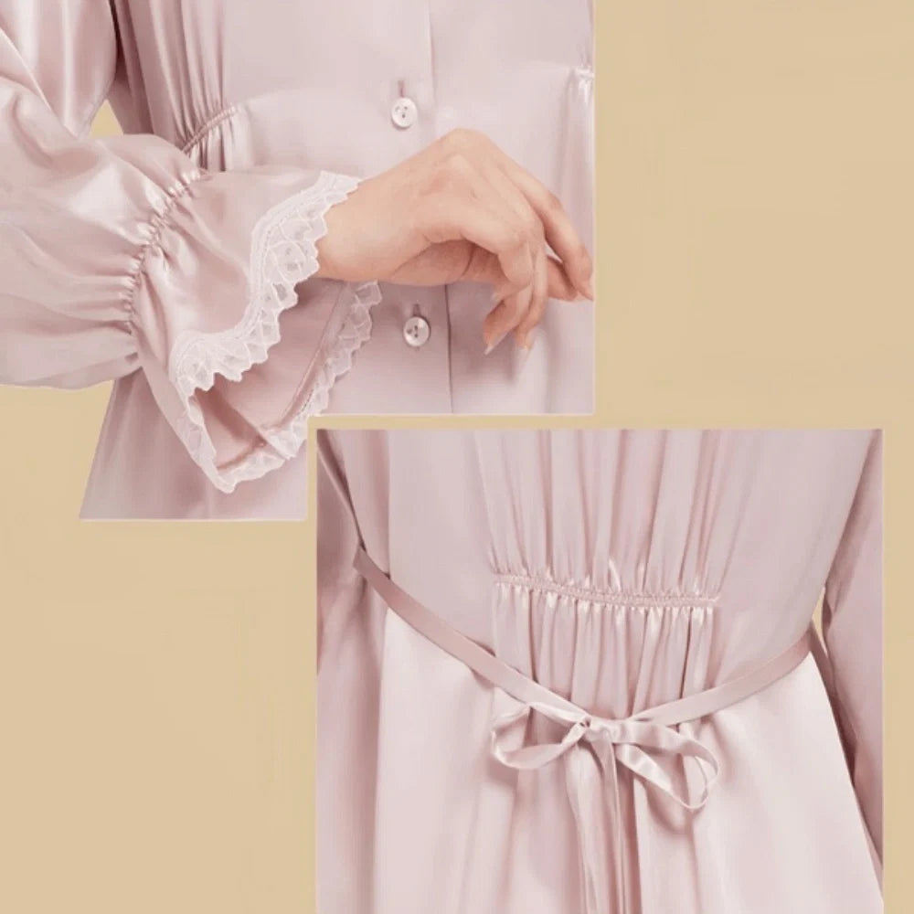 100% Mulberry Silk 22Momme Peter Pan Collar Midi Nightgown with Lace Ruffles