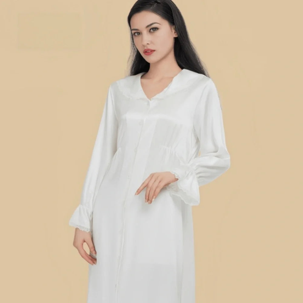 100% Mulberry Silk 22Momme Peter Pan Collar Midi Nightgown with Lace Ruffles