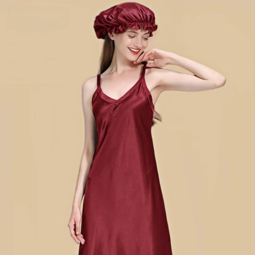 100% Mulberry Silk 22Momme V-Neck Spaghetti Strap Midi Nightgown