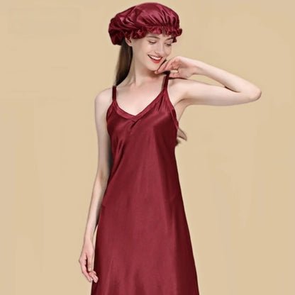 100% Mulberry Silk 22Momme V-Neck Spaghetti Strap Midi Nightgown