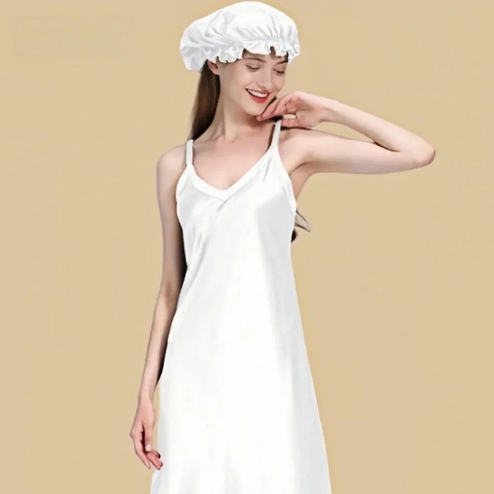 100% Mulberry Silk 22Momme V-Neck Spaghetti Strap Midi Nightgown