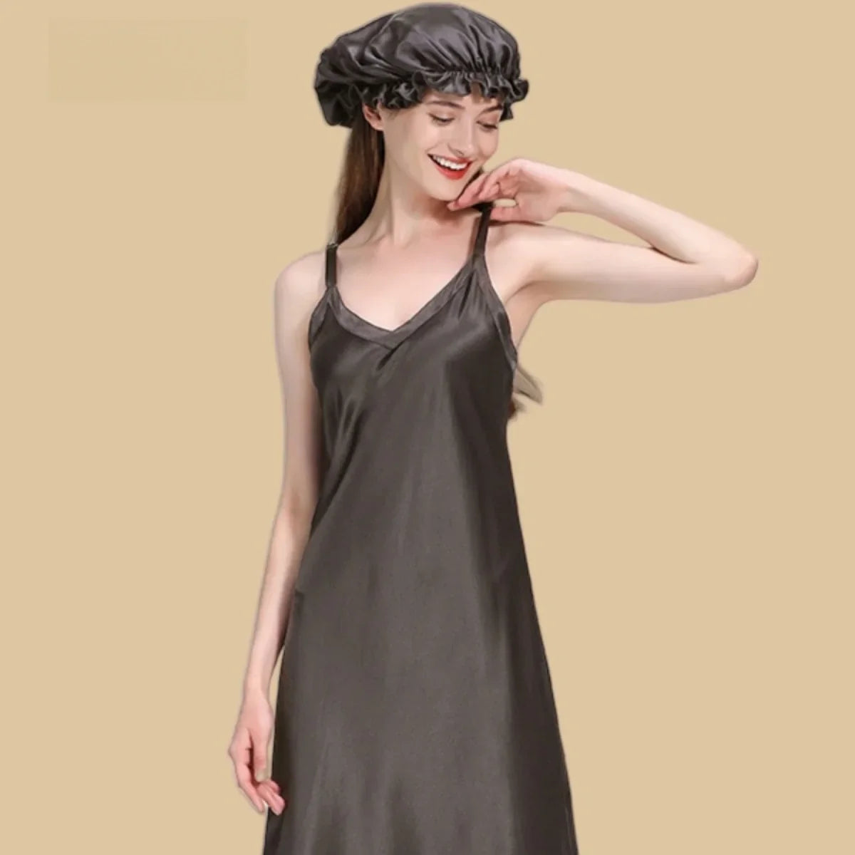 100% Mulberry Silk 22Momme V-Neck Spaghetti Strap Midi Nightgown