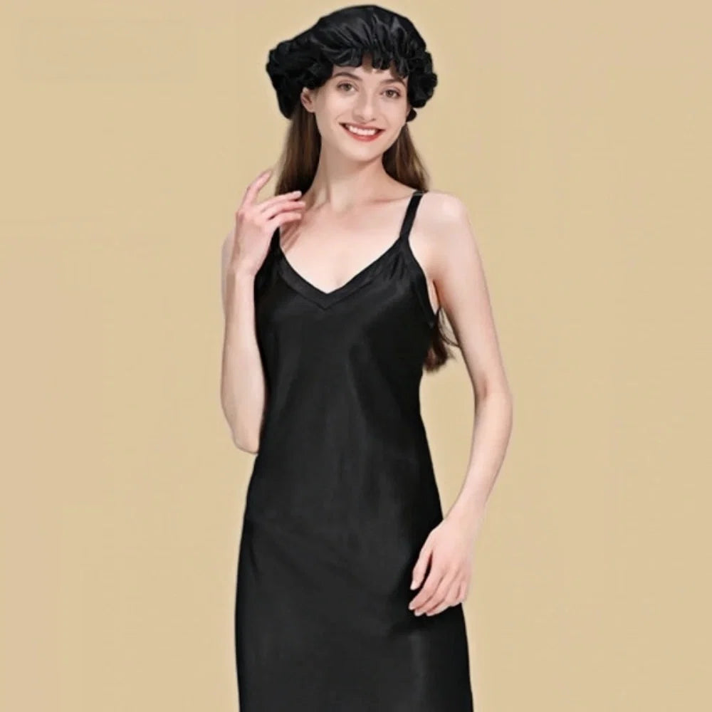 100% Mulberry Silk 22Momme V-Neck Spaghetti Strap Midi Nightgown