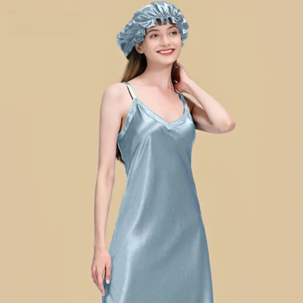 100% Mulberry Silk 22Momme V-Neck Spaghetti Strap Midi Nightgown