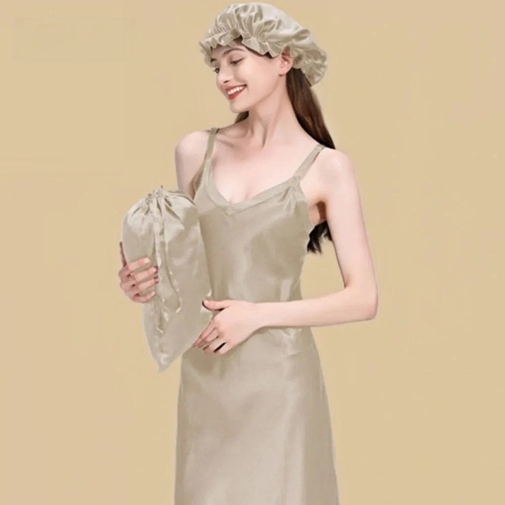 100% Mulberry Silk 22Momme V-Neck Spaghetti Strap Midi Nightgown