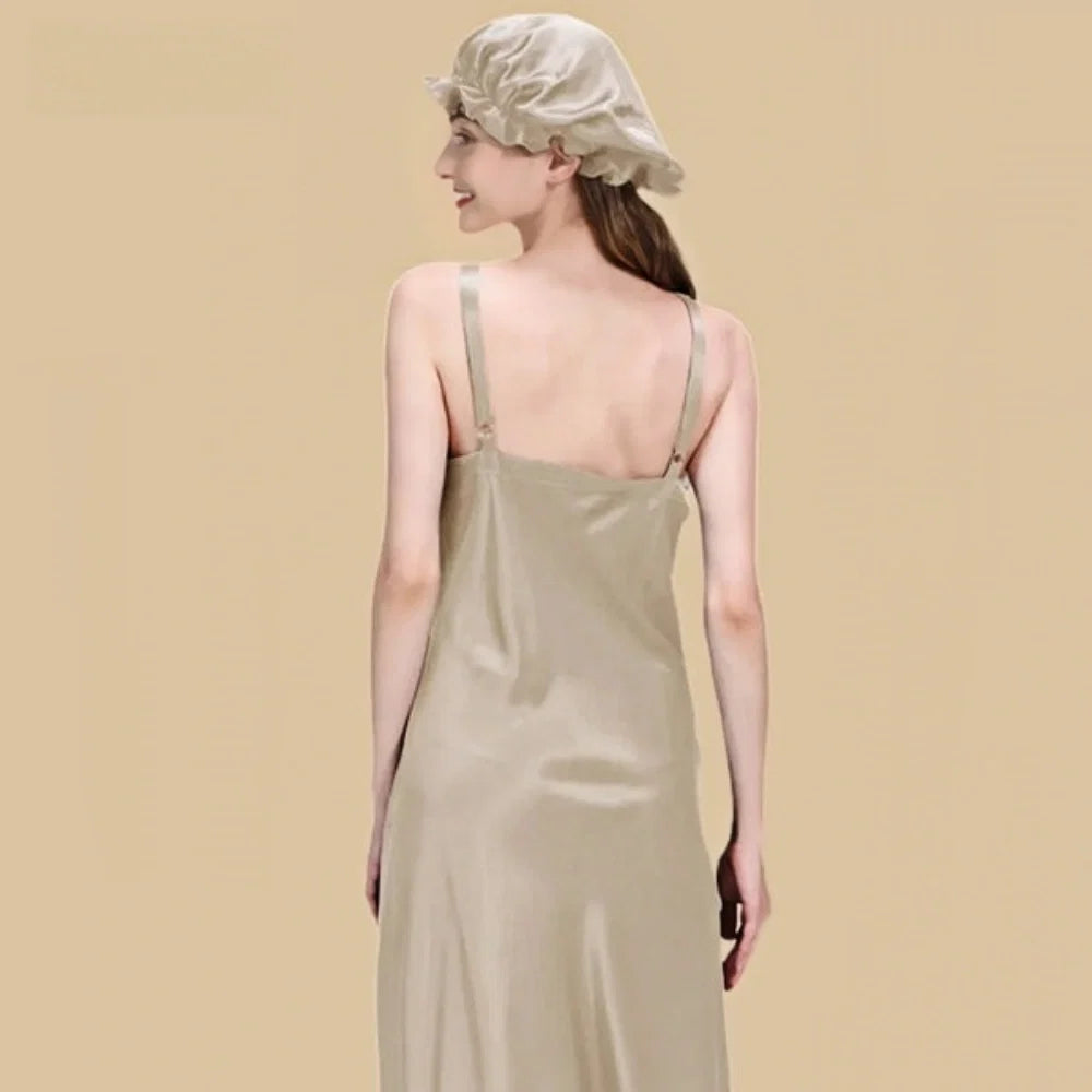 100% Mulberry Silk 22Momme V-Neck Spaghetti Strap Midi Nightgown