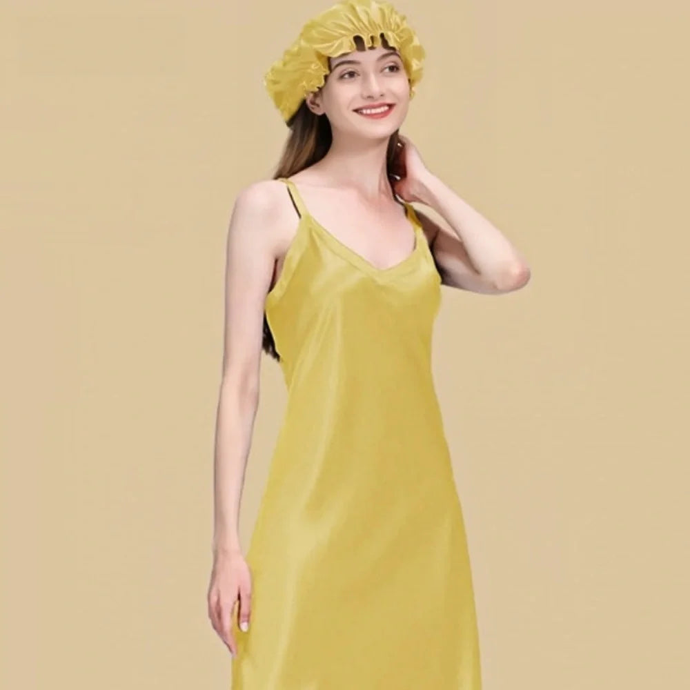 100% Mulberry Silk 22Momme V-Neck Spaghetti Strap Midi Nightgown
