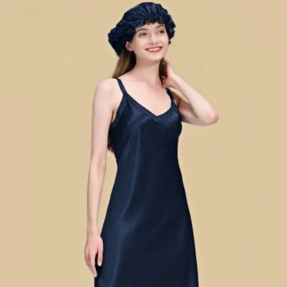 100% Mulberry Silk 22Momme V-Neck Spaghetti Strap Midi Nightgown