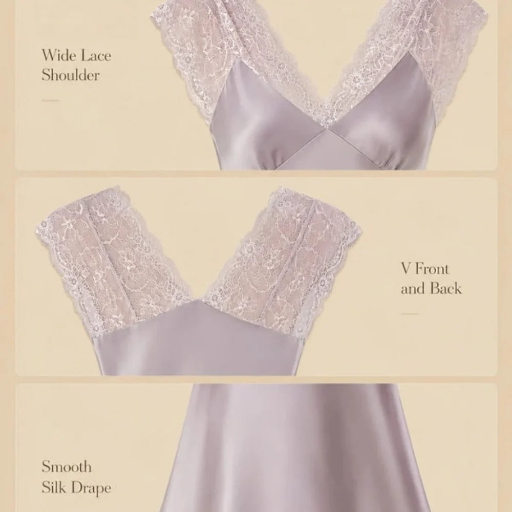 100% Mulberry Silk 16Momme Lace V-Neck and Wide Strap Women&