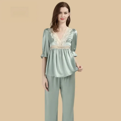 100% Mulberry Silk 19Momme Lace V-neck Half Sleeve Women&