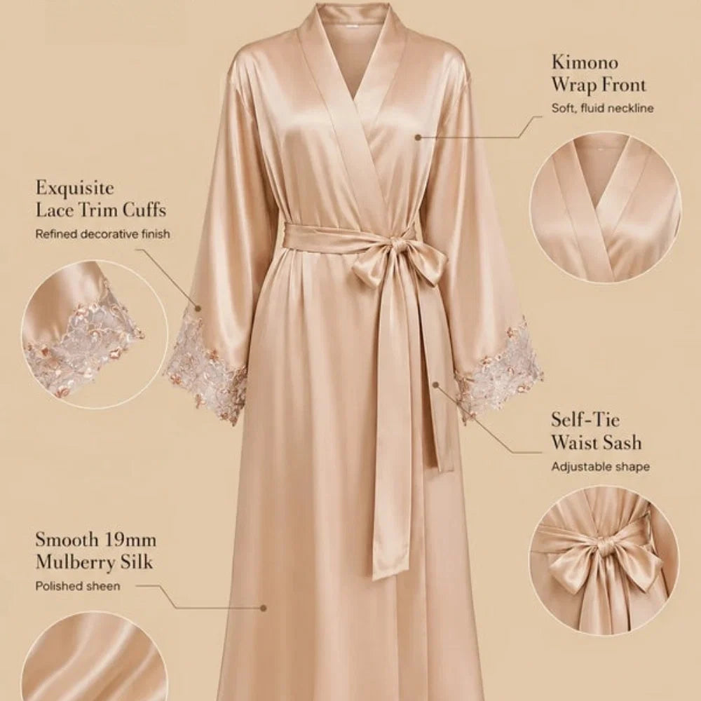 100% Mulberry Silk 19Momme Midi Kimono Robe &amp; Nightgown with Lace Design