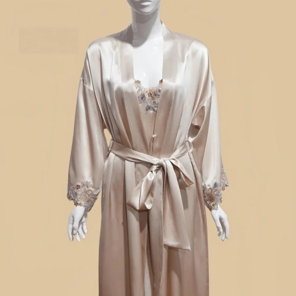 100% Mulberry Silk 19Momme Midi Kimono Robe &amp; Nightgown with Lace Design