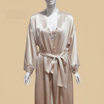 100% Mulberry Silk 19Momme Midi Kimono Robe &amp; Nightgown with Lace Design