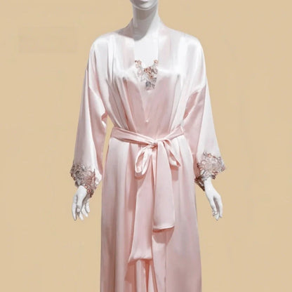 100% Mulberry Silk 19Momme Midi Kimono Robe &amp; Nightgown with Lace Design