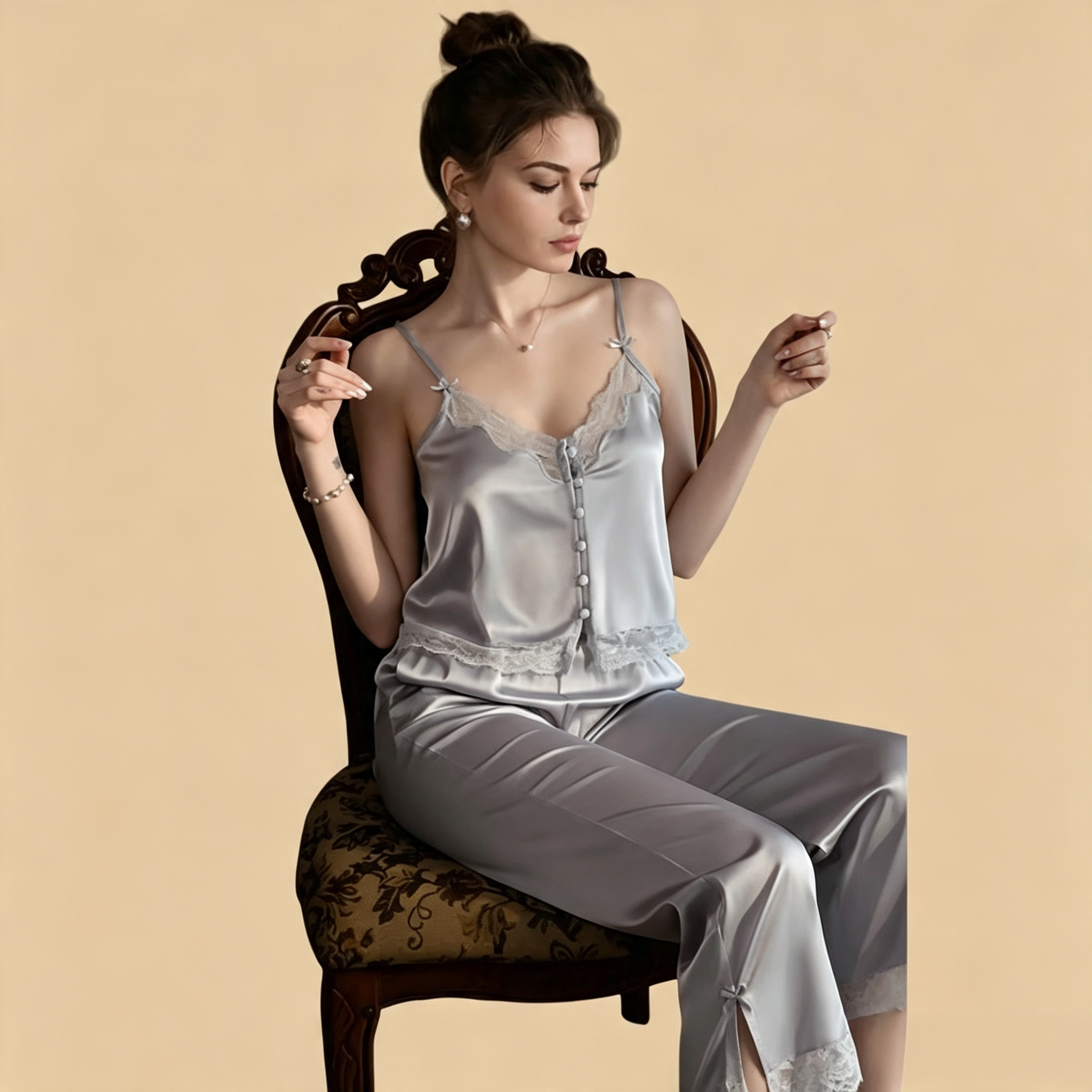 100% Mulberry Silk 19Momme Spaghetti Strap V-neck Camisole Set &amp; Robe with Lace Trim Design