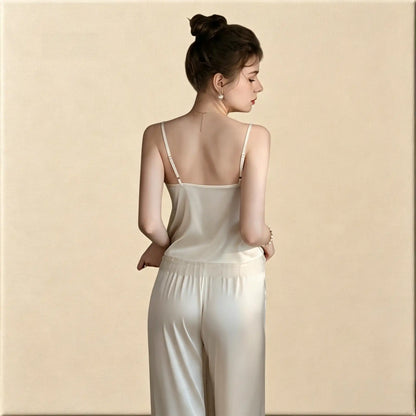 100% Mulberry Silk 19Momme Spaghetti Strap V-neck Camisole Set &amp; Robe with Lace Trim Design