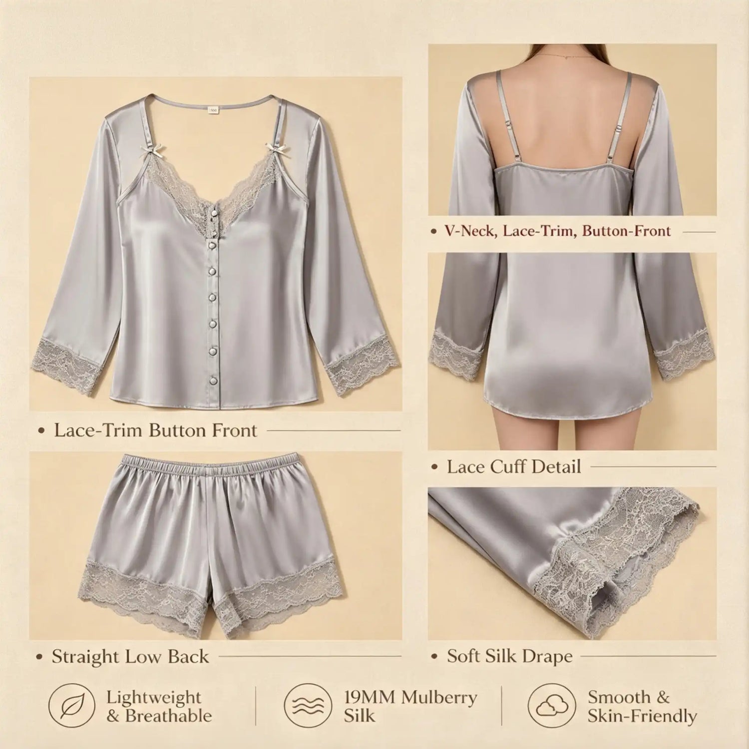 100% Mulberry Silk 19Momme Spaghetti Strap V-neck Camisole Set &amp; Robe with Lace Trim Design