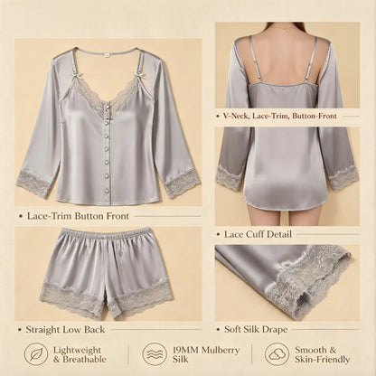 100% Mulberry Silk 19Momme Spaghetti Strap V-neck Camisole Set &amp; Robe with Lace Trim Design