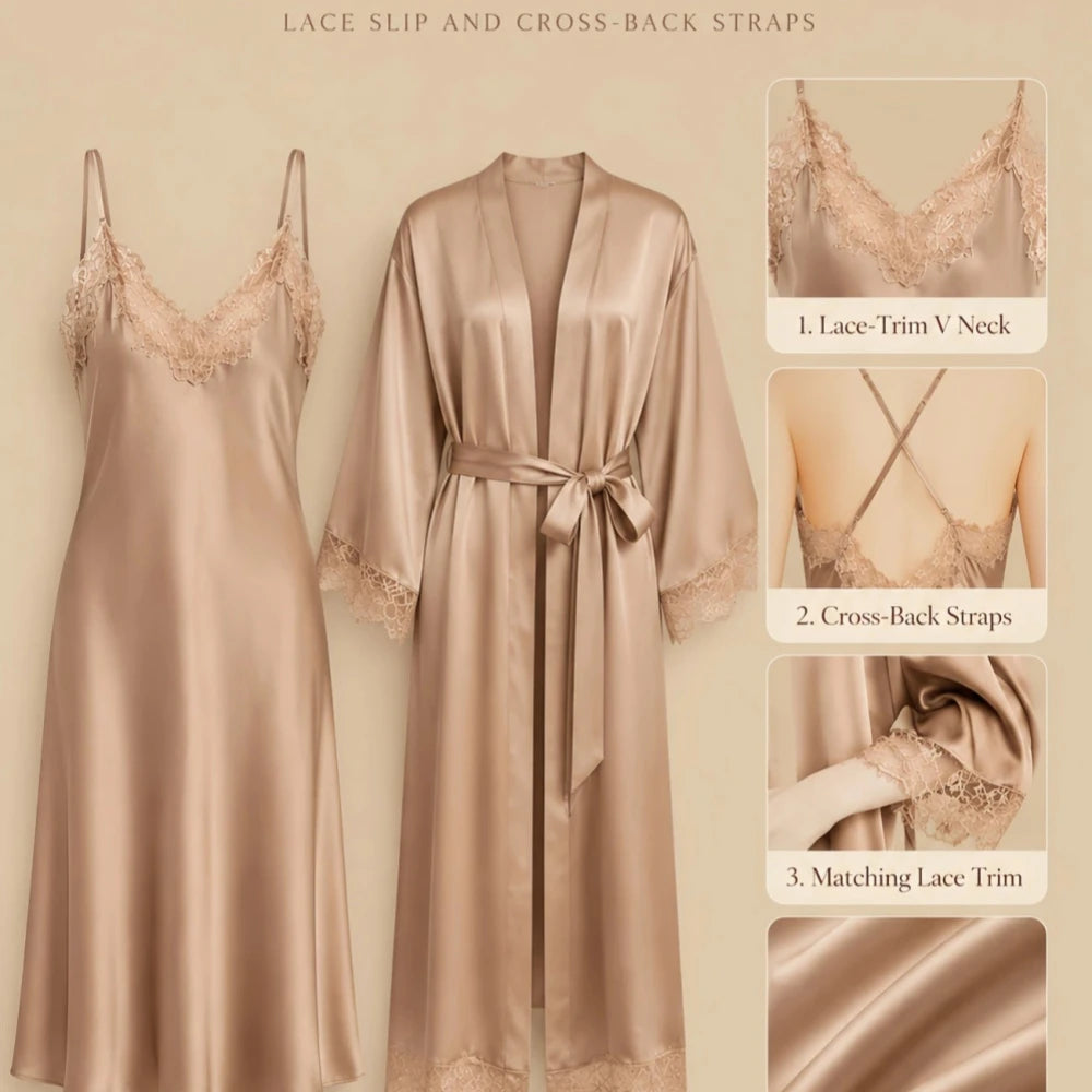 100% Mulberry Silk 19Momme Lace Trim Nightgown &amp; Kimono Robe Set